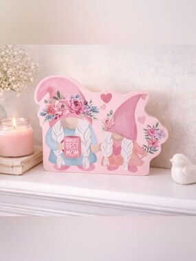 NEW World’s Best Mom Pink Gnome Wood Block Decor Mother’s Day Gift Cute Shelf